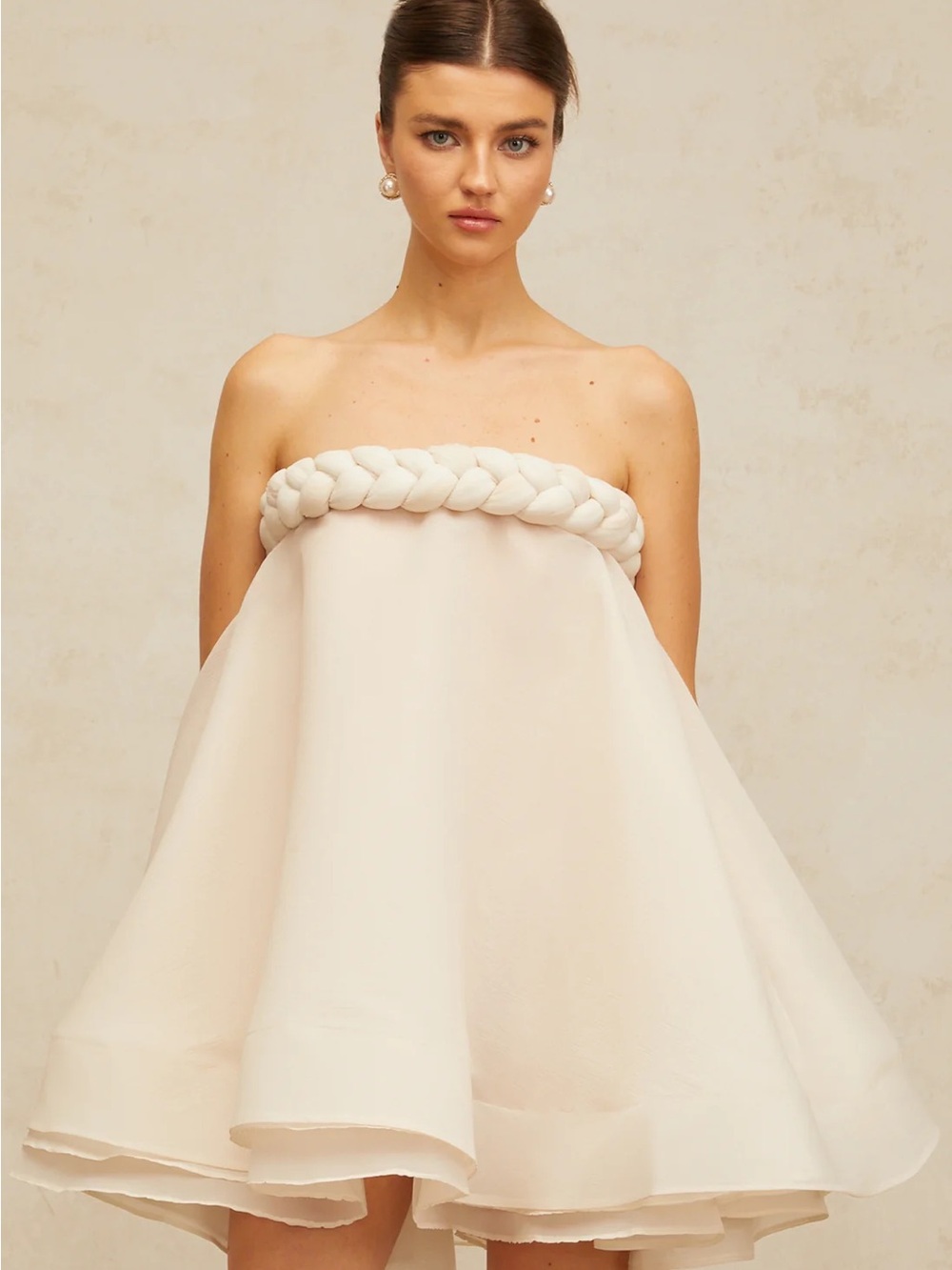 Strapless Braided-Trim Mini Dress in Ivory